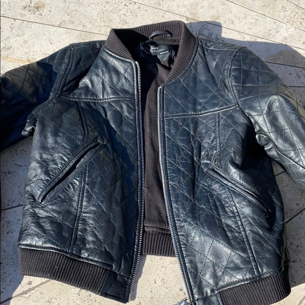 Zara Basic Black Leather Quilted Bomber Jacket